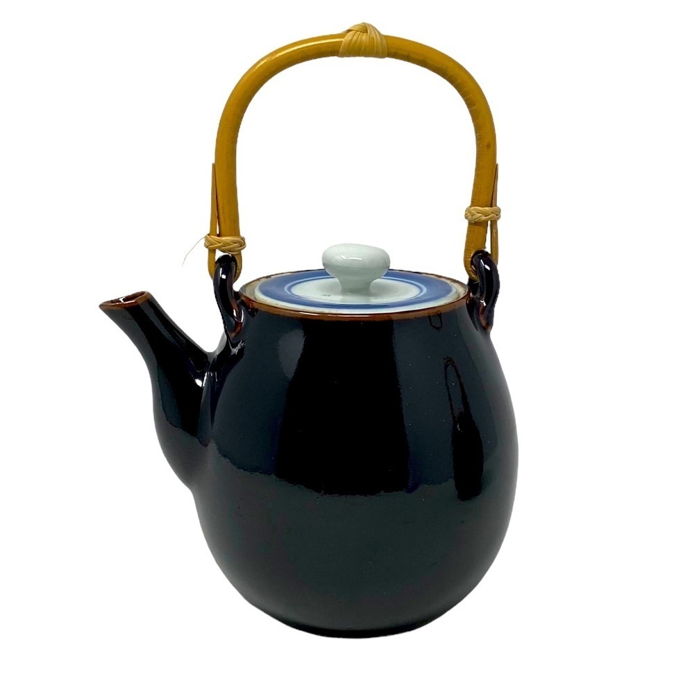 Beautiful Porcelain Black Teapot with Hand Crafted Bamboo Handle.